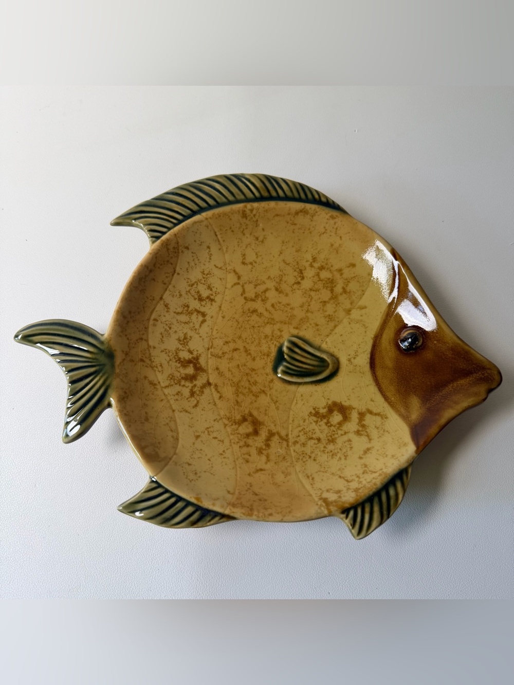 Ceramic Fish Platter Wall Hanging Decor Glossy Beige Green Brown Nautical